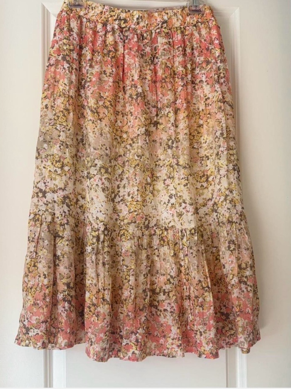 Mlle Gabrielle Skirt XL Floral Button-Front Tiered Midi Skirt in Yellow and Pink - Picture 3 of 9